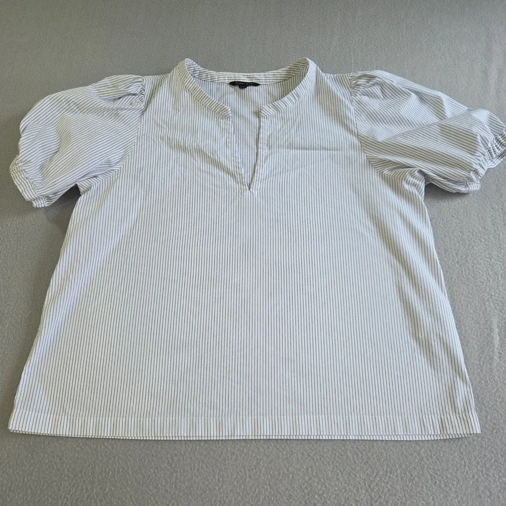 Banana‎ Republic Blouse Women XL White Blue Pinstripe Puff Sleeve Split Neck Top